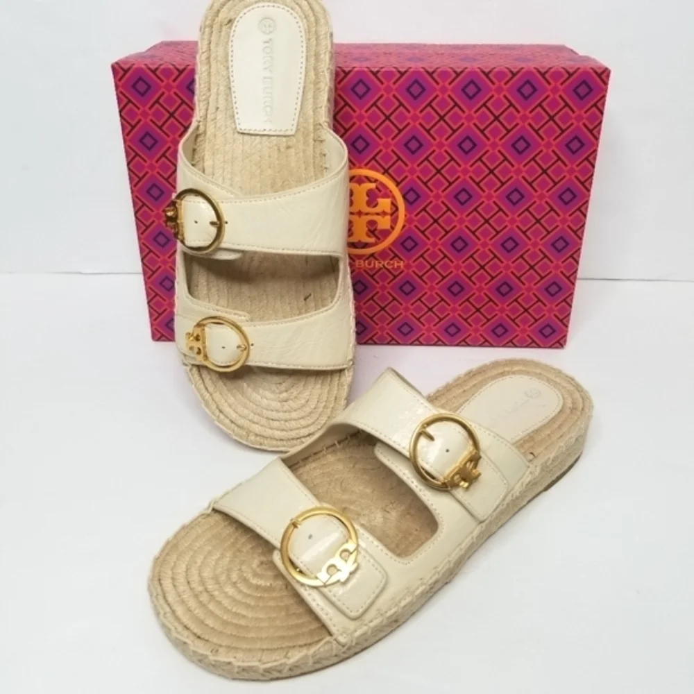 Tory Burch Selby Cream Leather Two Band Espadrille Slides